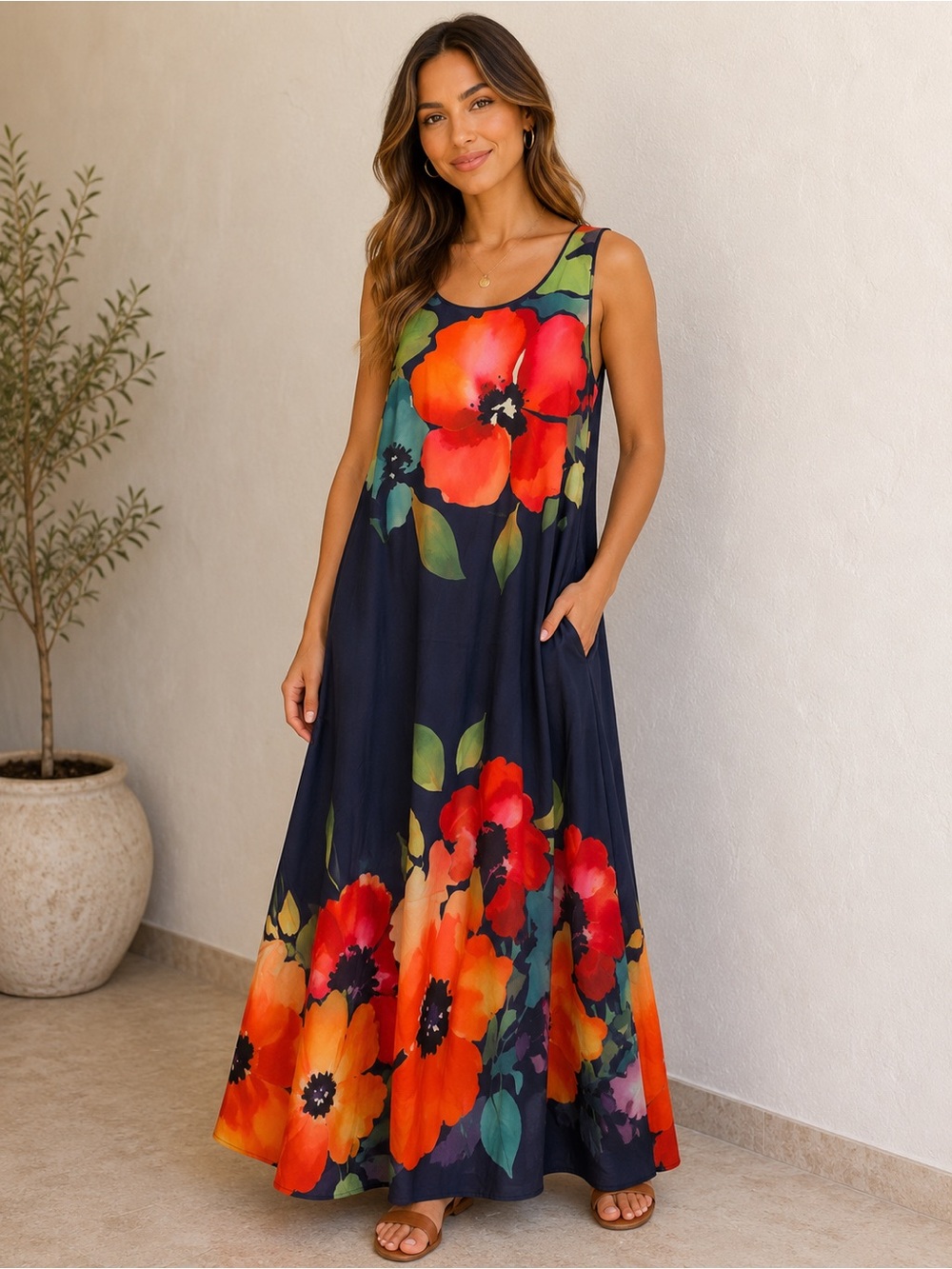 Navy Floral Sleeveless Maxi Dress - Red & Orange Bloom